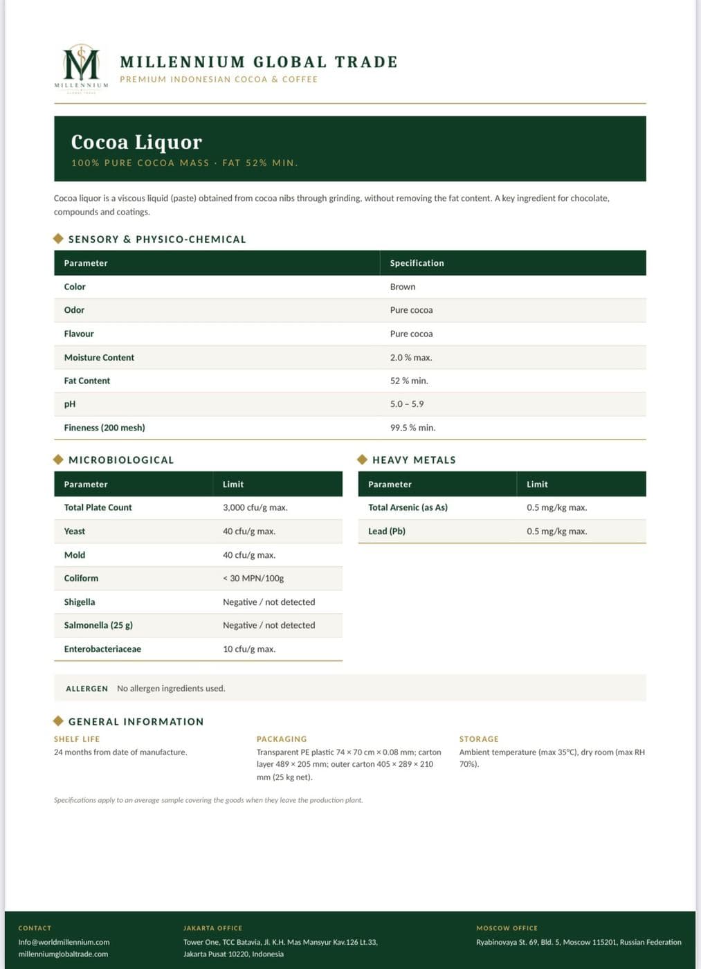 Cocoa Liquor — specification sheet 1